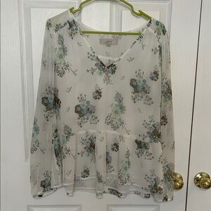 LOFT Floral Peplum Blouse - White and Blue